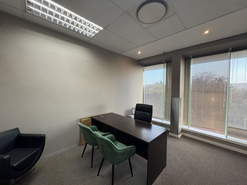 A professional office space featuring a suspended ceiling with integrated lighting, large windows with venetian blinds, and carpeted flooring.
