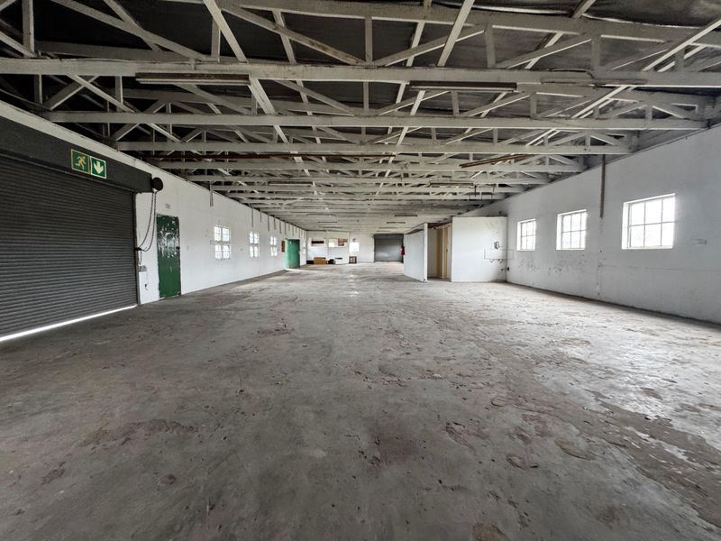 Spacious industrial warehouse unit featuring exposed steel roof trusses, concrete flooring, and a large roller shutter door, suitable for various commercial or storage uses.