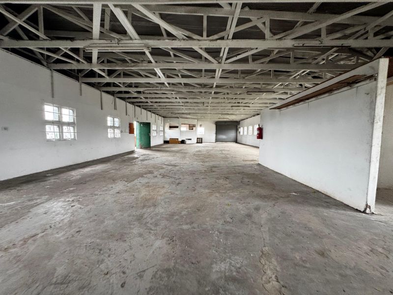 Spacious industrial utility area featuring exposed steel roof trusses, concrete flooring, and a roller shutter door, suitable for various commercial or storage applications.