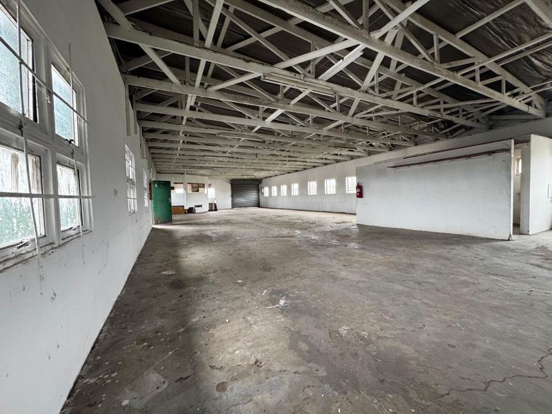 Spacious industrial open-plan warehouse area featuring exposed steel roof trusses, concrete flooring, and a roller shutter door, suitable for various commercial or storage uses.