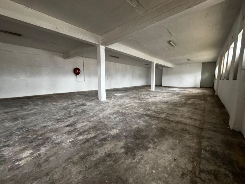 An expansive, empty industrial utility space featuring exposed concrete flooring, structural columns, and a fire safety installation.