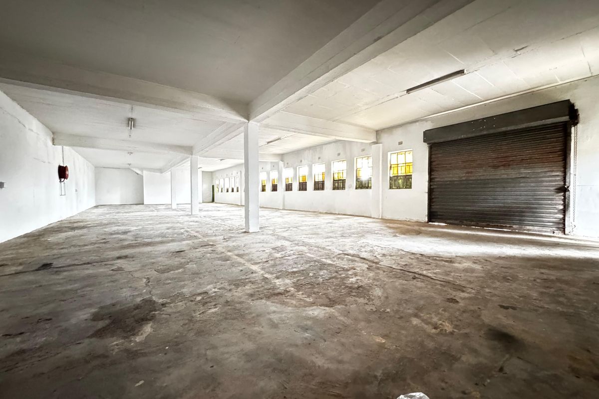 Spacious industrial utility area featuring concrete flooring, exposed structural columns, and a large roller shutter door, suitable for storage or workshop use.