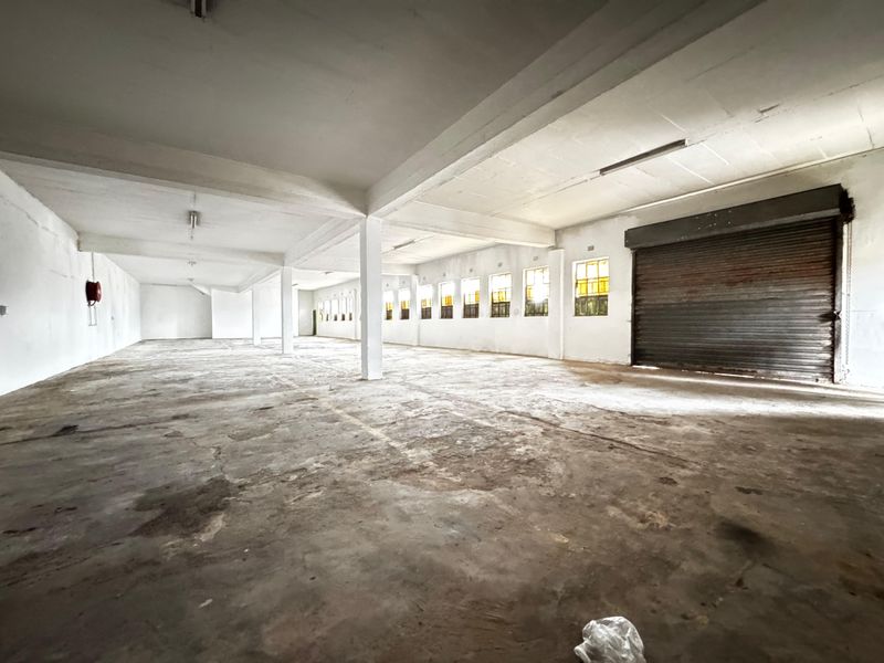 Spacious industrial utility area featuring concrete flooring, exposed structural columns, and a large roller shutter door, suitable for storage or workshop use.
