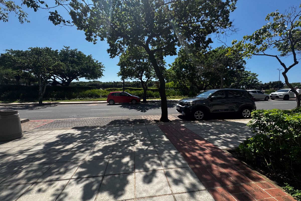 A view of the paved sidewalk and street frontage adjacent to the property, featuring mature trees and landscaped verge areas.