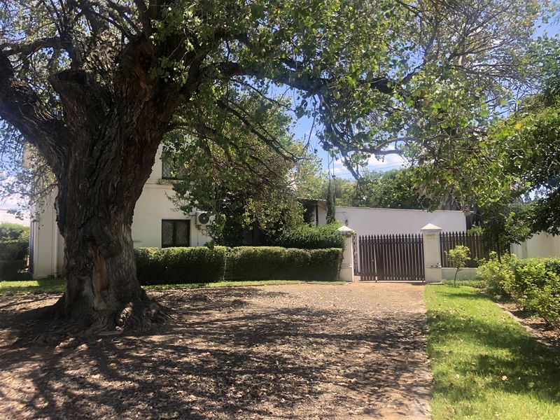 Front view of the property featuring a large mature tree, paved driveway, and a secure timber gate entrance with established garden hedging.