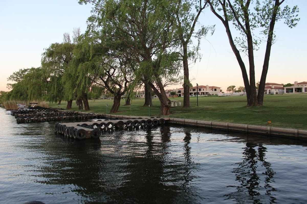 A view of the waterfront area featuring a jetty, retaining wall, and mature trees on a well-maintained lawn.