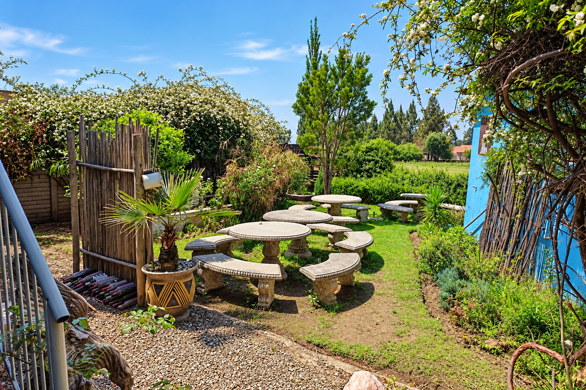 A landscaped garden area featuring stone tables and benches, surrounded by mature greenery, bamboo fencing, and a gravel pathway.