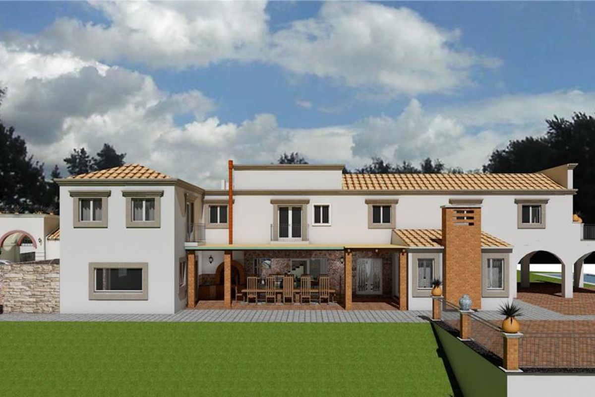 A 3D architectural rendering of the rear elevation of a large house, featuring a covered patio, balcony, and extensive brick-paved outdoor areas.