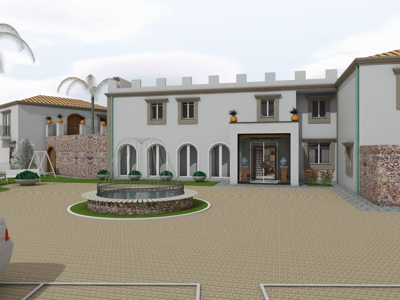 A 3D architectural rendering of a Mediterranean-style villa featuring stone facade accents, a central fountain, and a paved courtyard entrance.