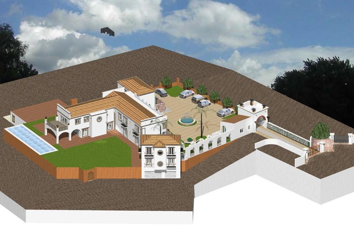 An aerial 3D architectural rendering of a Mediterranean-style property featuring a swimming pool, central courtyard with fountain, and gated entrance.