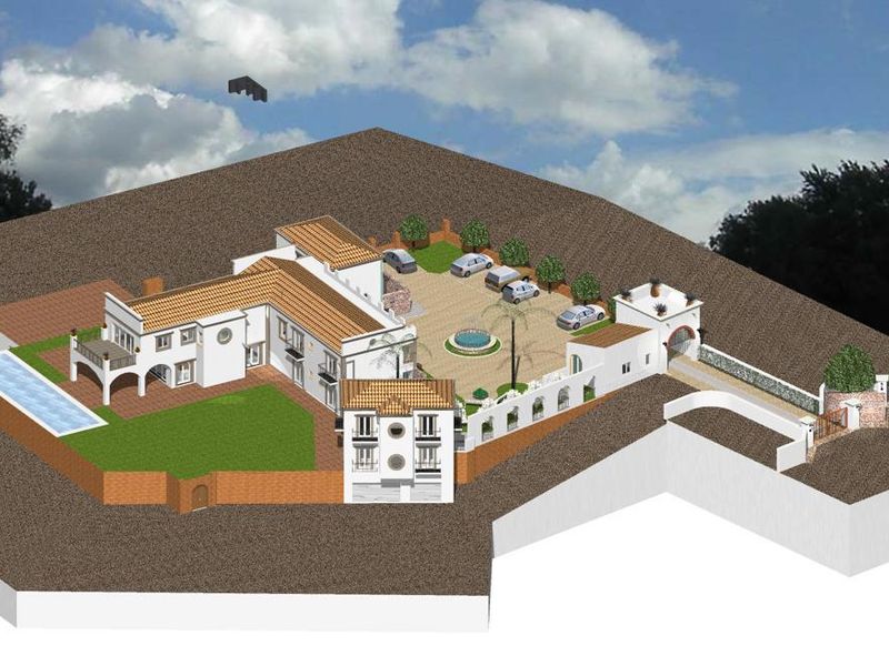 An aerial 3D architectural rendering of a Mediterranean-style property featuring a swimming pool, central courtyard with fountain, and gated entrance.