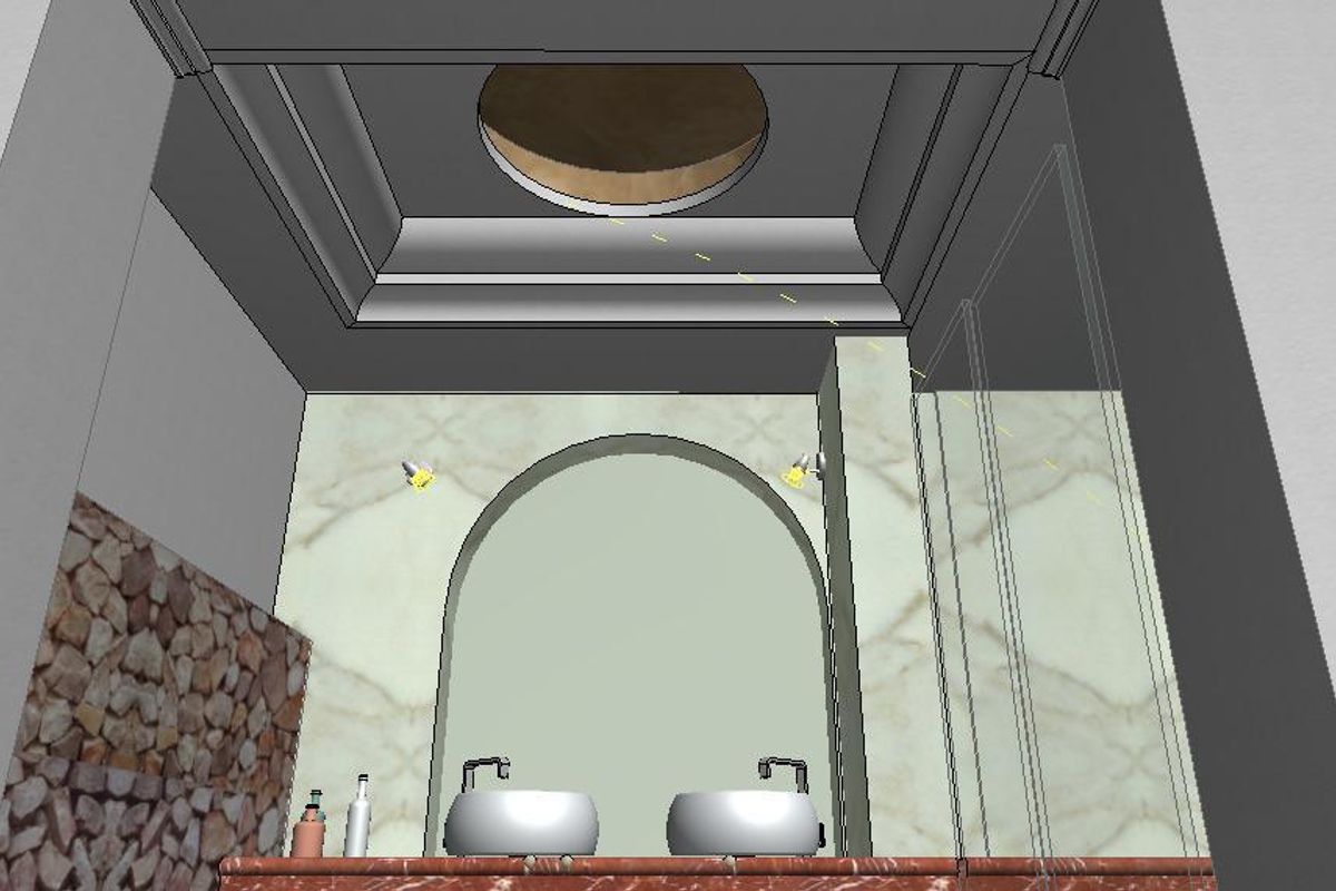 A 3D architectural rendering of a bathroom featuring a double vanity, arched wall detail, and recessed ceiling design.