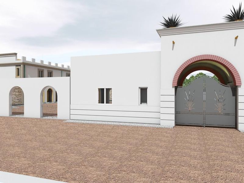 A digital rendering of a property entrance featuring a prominent arched gateway, metal gates, and a white exterior facade with architectural detailing.