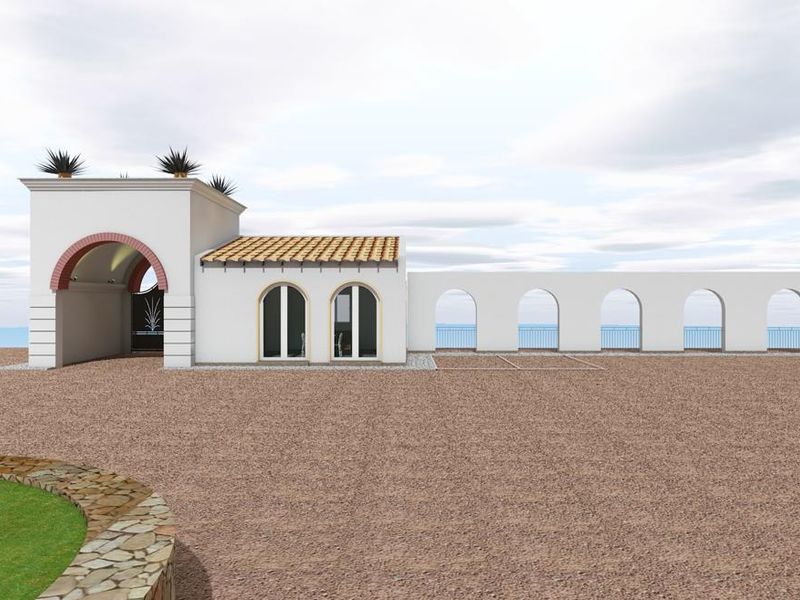 A Mediterranean-style architectural rendering featuring a white facade with arched entryways, terracotta roof tiles, and an expansive open courtyard area.