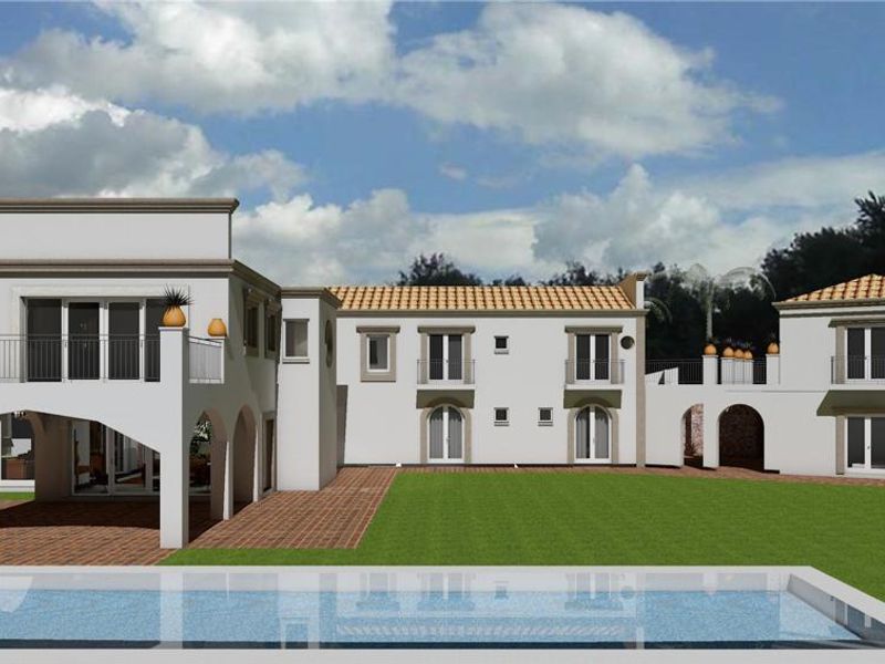 A 3D architectural rendering of a rear exterior view featuring a swimming pool, landscaped lawn, arched patio, and multiple balconies.