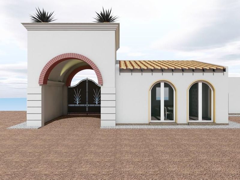 A 3D architectural rendering of a Mediterranean-style property entrance featuring an arched gateway, wrought iron gate, and terracotta roof tiles.