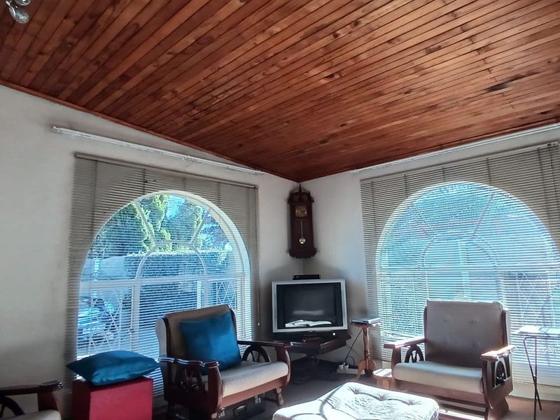 A living room featuring a warm timber-clad ceiling and distinctive arched windows with venetian blinds, offering a cozy and traditional atmosphere.