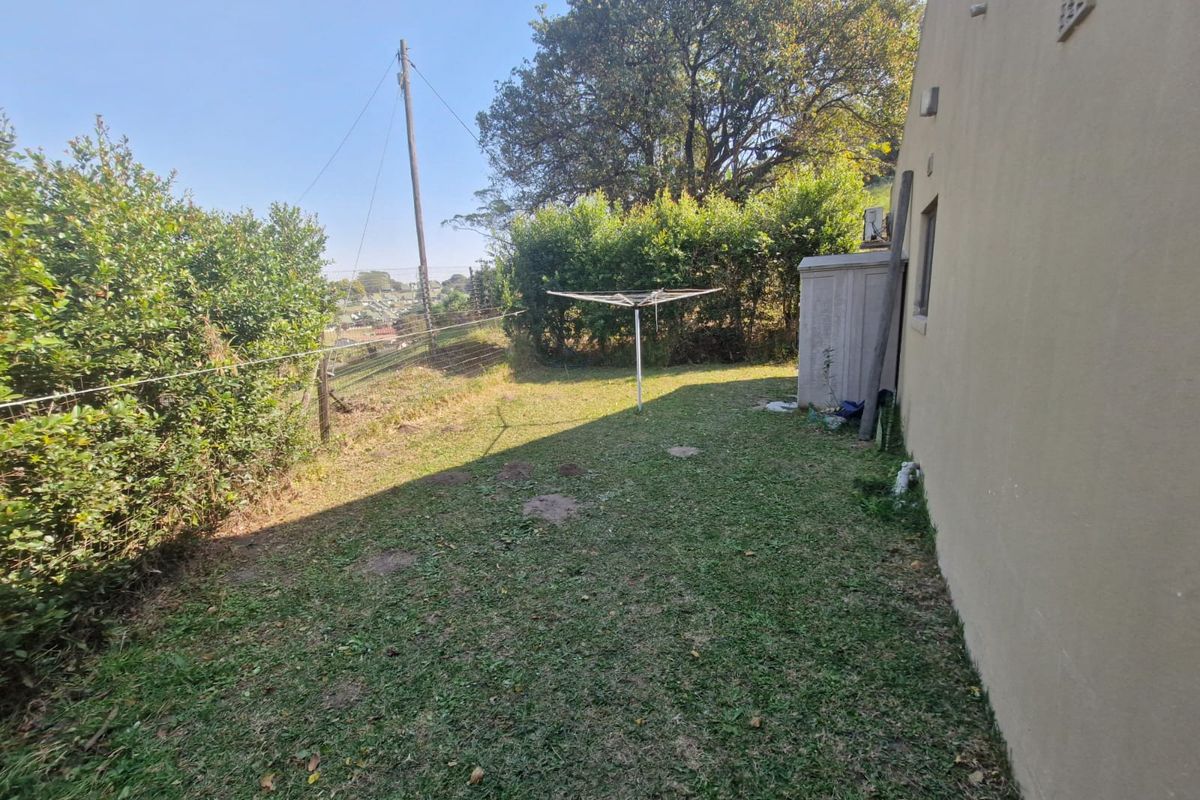 A rear garden area featuring a lawn, established hedging, and an exterior wall with a utility shed.
