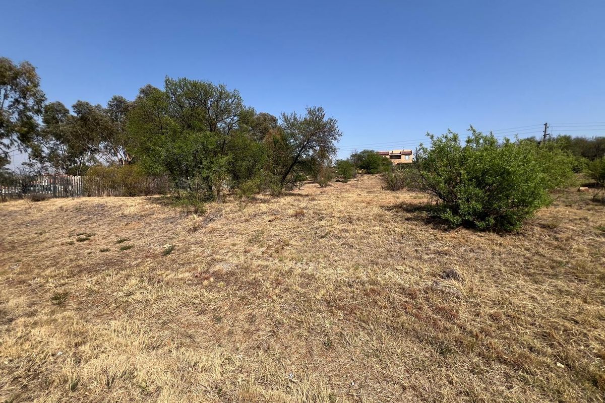 A view of a vacant residential plot featuring natural vegetation, mature trees, and perimeter fencing under a clear blue sky.
