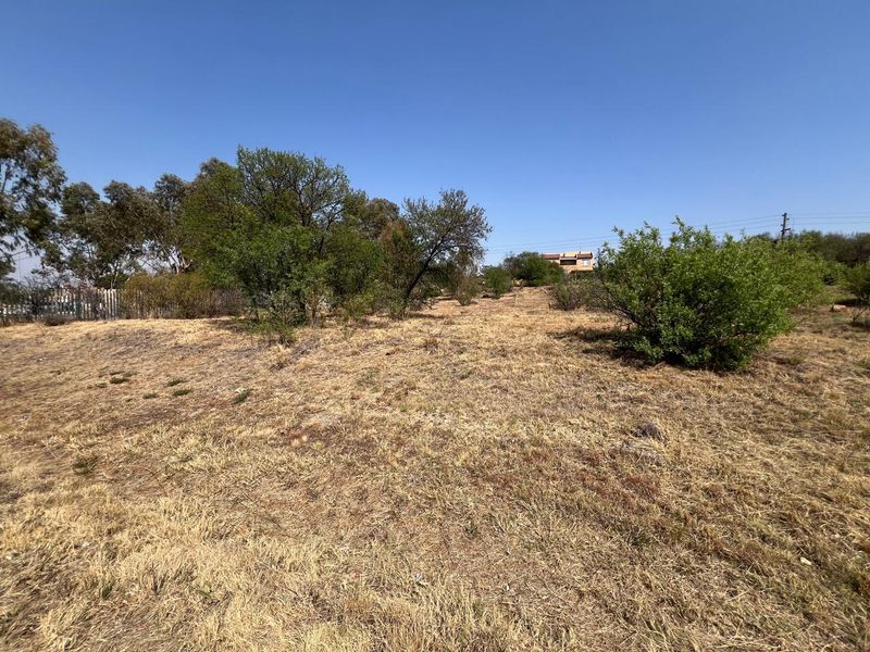 A view of a vacant residential plot featuring natural vegetation, mature trees, and perimeter fencing under a clear blue sky.