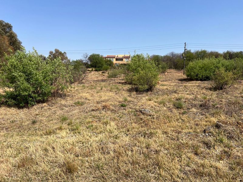 A view of a vacant residential plot featuring natural vegetation and a utility pole, with neighboring properties visible in the distance.