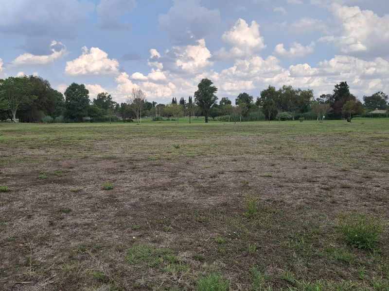 A wide, open residential land plot featuring natural grass coverage and a tall floodlight pole, offering a spacious area for potential development.