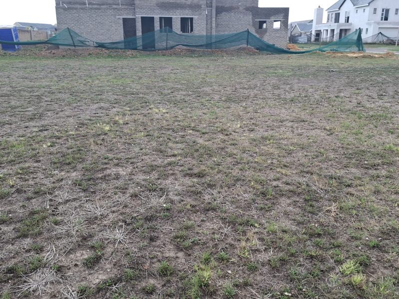 A vacant residential plot featuring sparse grass cover, enclosed by boundary walls and temporary construction fencing, with neighboring properties visible in the background.
