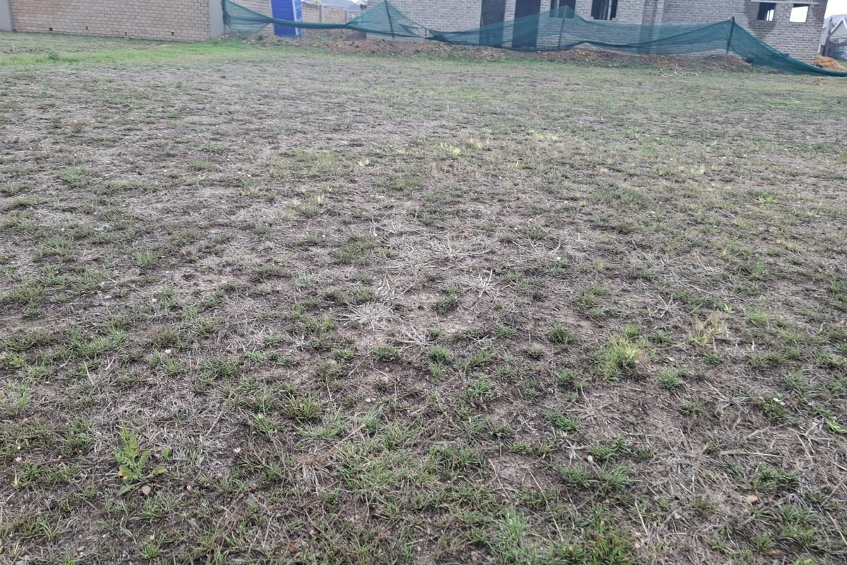 A vacant residential plot featuring sparse grass coverage, enclosed by a boundary wall and temporary construction netting.