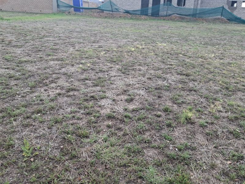 A vacant residential plot featuring sparse grass coverage, enclosed by a boundary wall and temporary construction netting.