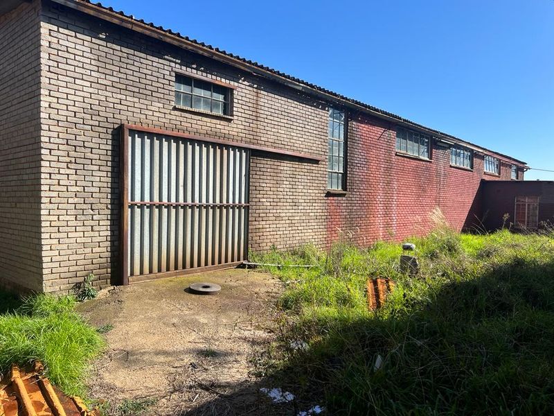 Rear view of a large brick farm building featuring a sliding metal door and steel-framed windows, set against an overgrown outdoor area.