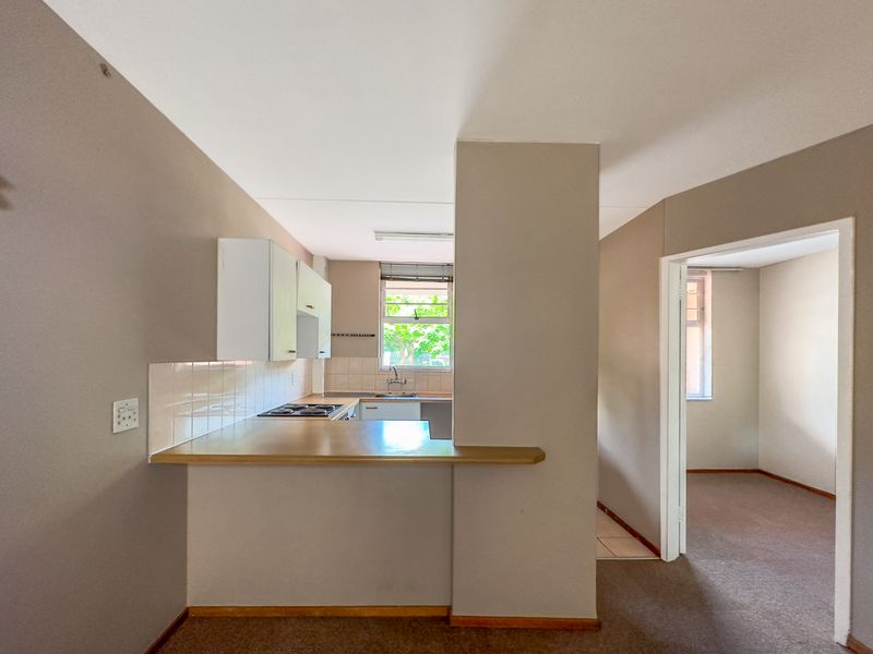 Open plan kitchen area featuring built-in cabinetry, laminate countertops, and an electric hob, adjacent to a carpeted living space.