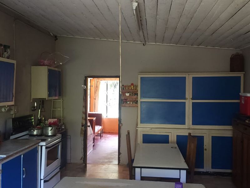 A dated kitchen featuring blue cabinetry, a freestanding stove, and a timber ceiling, offering potential for modernization and renovation.