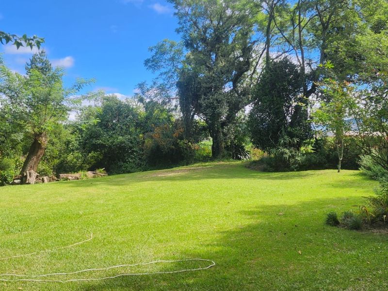 A spacious, well-maintained garden area featuring a large lawn surrounded by mature trees and established greenery.