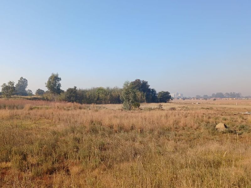A wide-angle view of an undeveloped residential plot featuring natural grass and scattered trees under a clear sky.