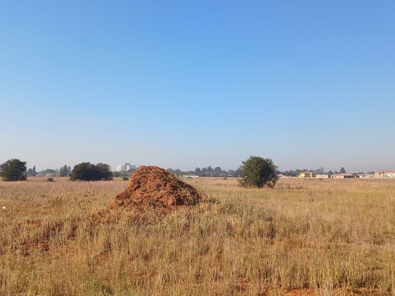 A wide-angle view of a vacant residential plot featuring natural grassland and a small mound of earth.