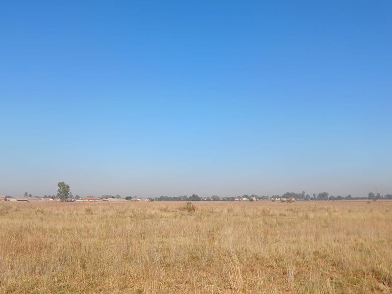 A wide-angle view of a large, flat, vacant residential plot covered in dry grass under a clear blue sky.