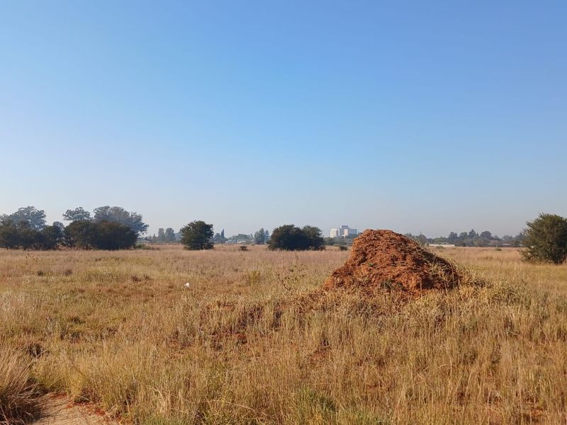 A wide-angle view of a vacant residential plot featuring natural grass cover and scattered trees under a clear blue sky.