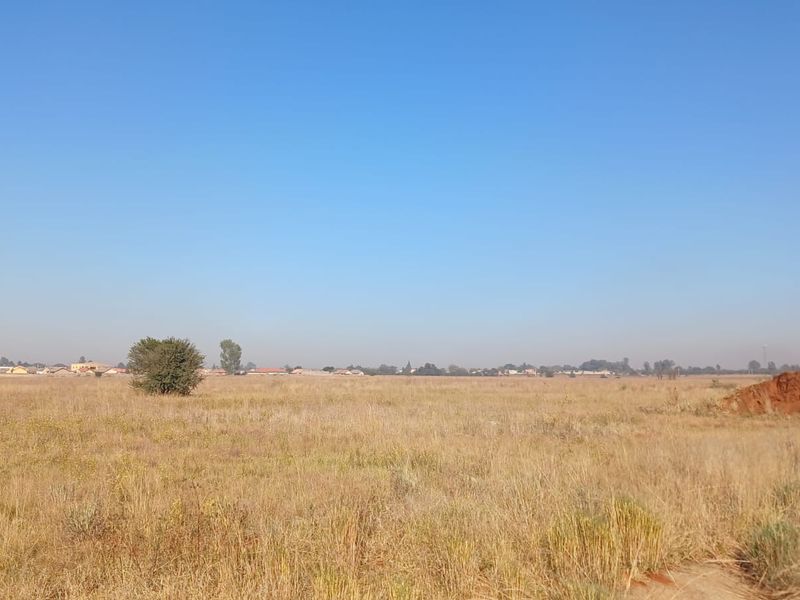 A wide-angle view of a vacant residential plot featuring open grassland and a clear horizon.