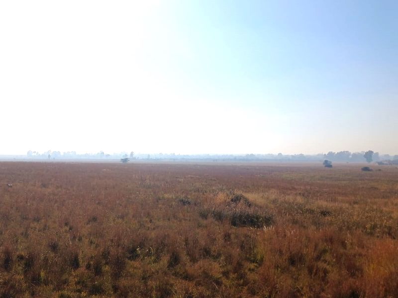 A wide-angle view of an expansive, undeveloped residential land plot featuring natural grassland and a clear horizon.
