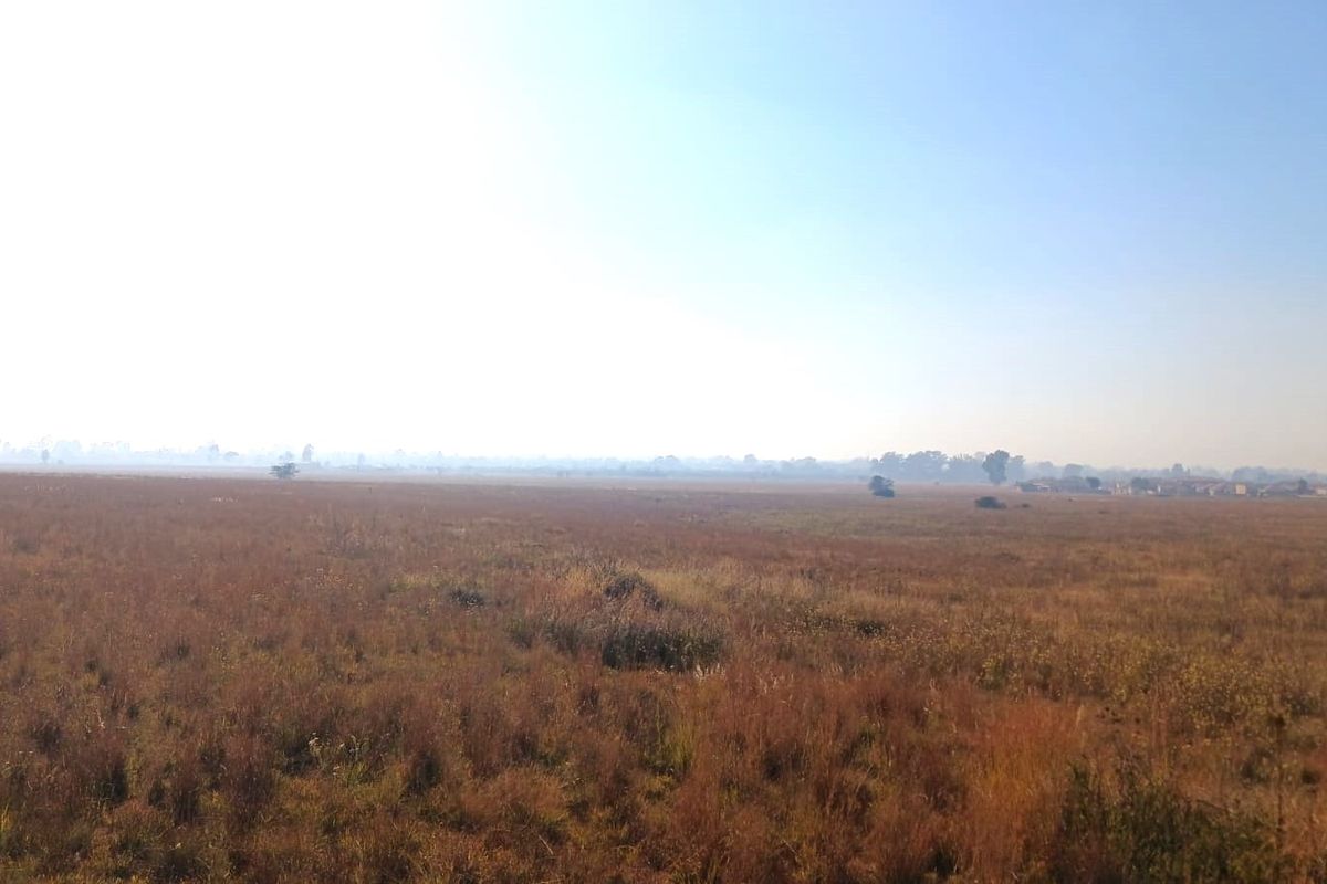 A wide, open expanse of undeveloped residential land featuring natural grassland and distant horizon views.