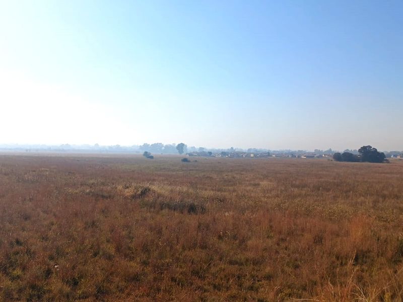 A wide-angle view of an expansive, undeveloped residential land plot featuring natural dry grassland under a clear sky.