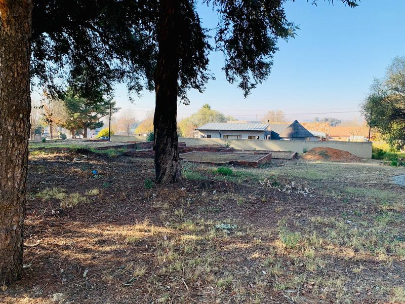 A vacant residential plot featuring mature trees, established brick garden beds, and a perimeter wall, offering a blank canvas for development.