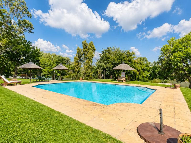A well-maintained outdoor swimming pool area featuring a stone deck, thatched umbrellas, and surrounding landscaped lawns in a tranquil garden setting.
