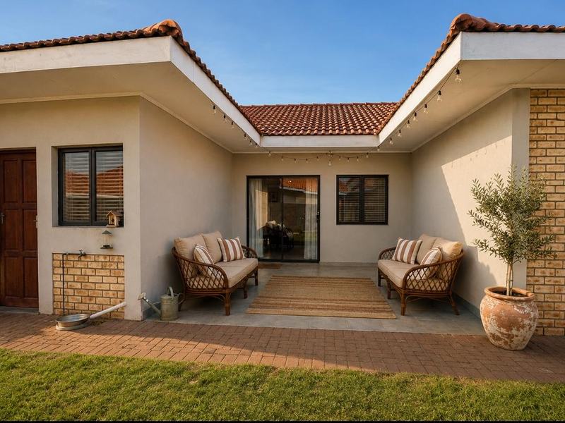 A well-maintained covered patio area featuring tiled flooring, brick accents, and direct access to the interior through a sliding glass door.