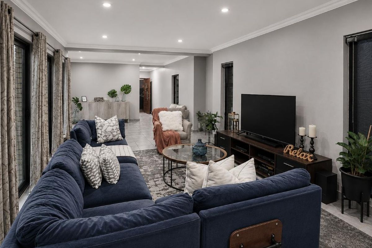 Spacious living room featuring neutral walls, recessed downlighting, tiled flooring, and large sliding glass doors providing ample natural light.
