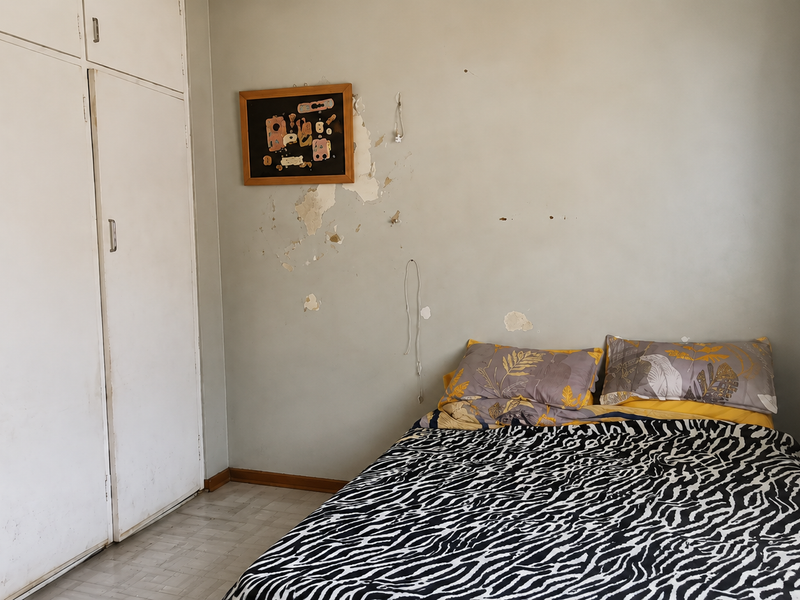A bedroom featuring built-in cupboards and requiring wall repairs due to visible paint and plaster damage.