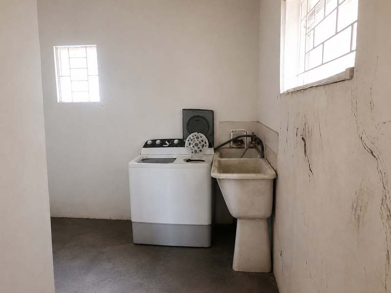 A functional laundry room featuring a concrete utility sink, security-barred windows, and basic concrete flooring, requiring cosmetic updates to the wall finishes.