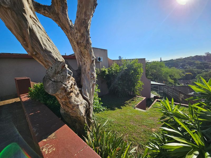 A rear garden area featuring a retaining wall, established tree, and views of the surrounding neighborhood.