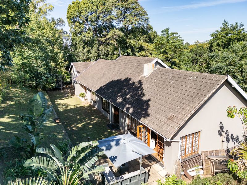Aerial view of the rear elevation featuring a tiled roof, chimney, and paved patio area set within a lush, tree-lined garden.