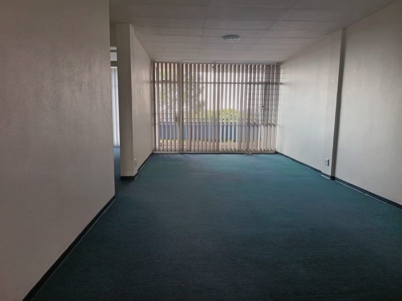 An empty, open-plan living area featuring carpeted flooring, a drop ceiling, and vertical blinds covering a large window.